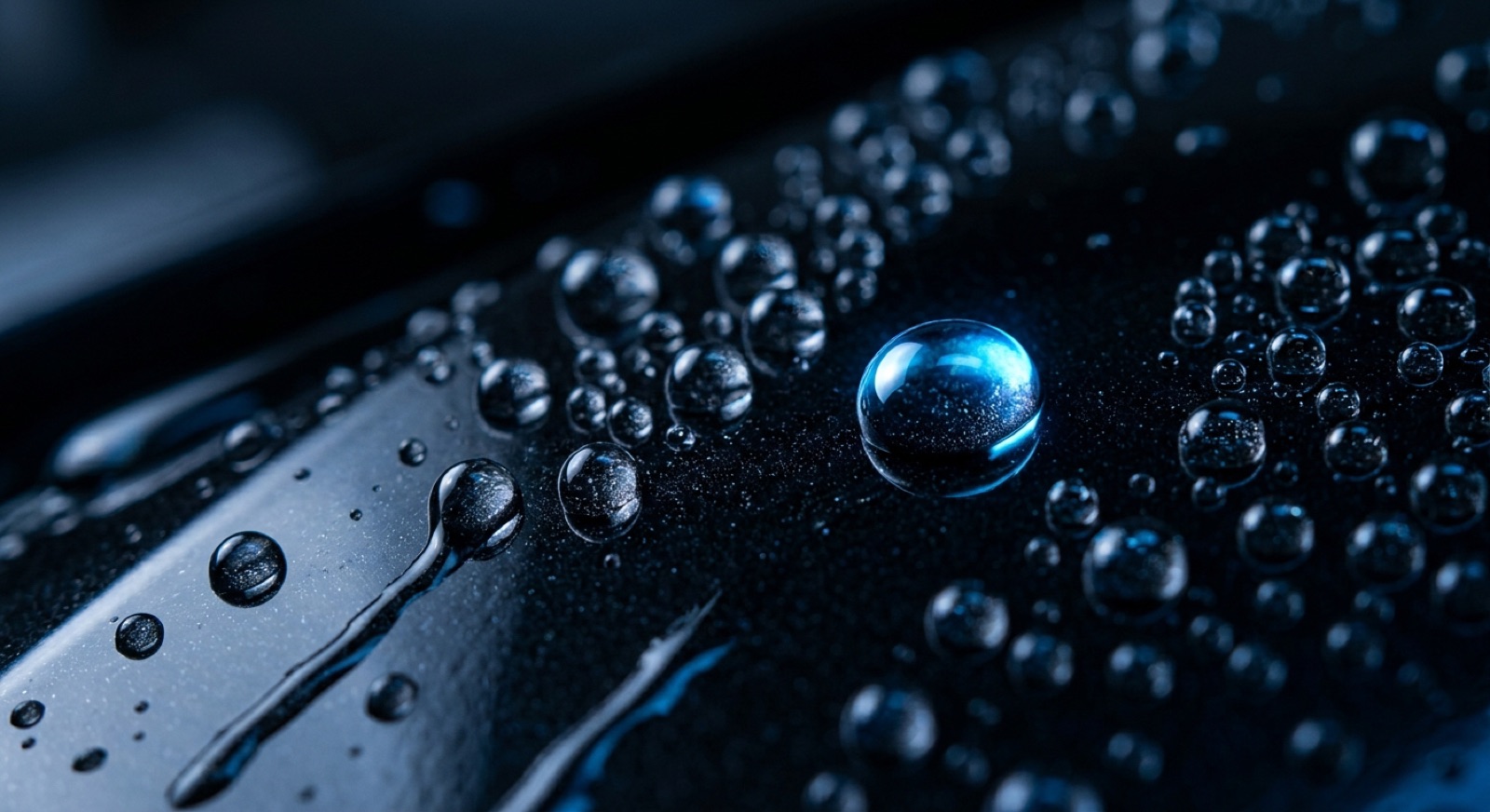 Water beading on a hydrophobic graphene-coated car surface